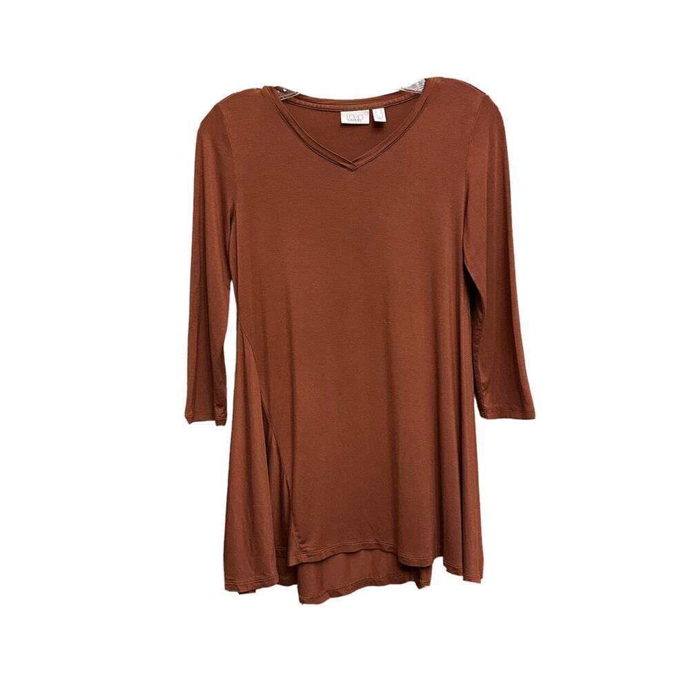 LOGO By Lori Goldstein Top Womens XS 3/4 Sleeve Brown Asymetrical Rayon Spandex